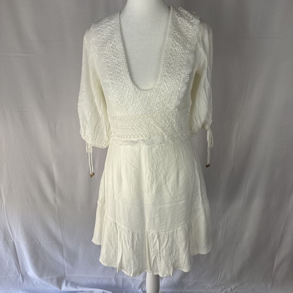 INDIKAH Dress Women's Medium MODERN CONTEMPORARY Tie Puff Sleeve CROCHET Ruffle